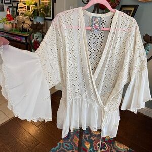 Johnny Was Ira Embroidered Lace Ruffle Detail Kimono Wrap Angel Sleeve Blouse